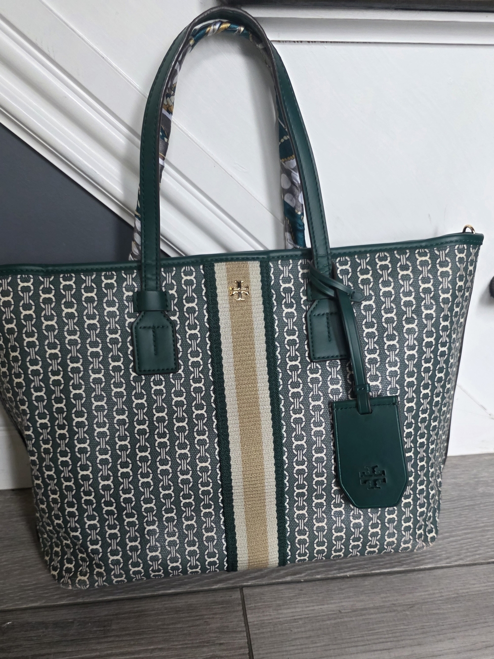 Tory Burch Green Patterned Small Canvas Tote with Center Stripe